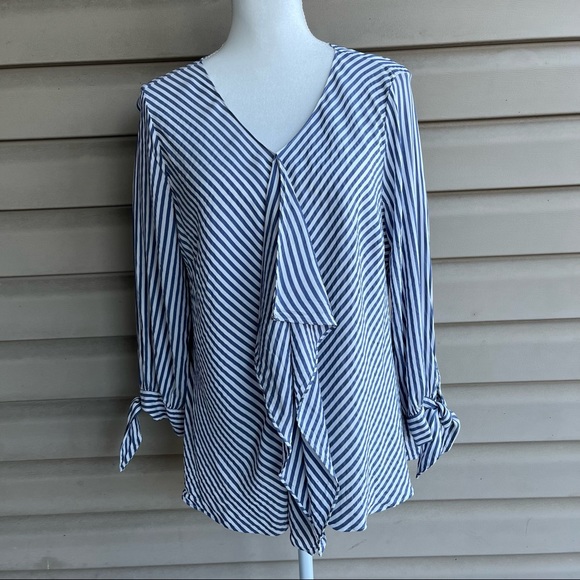 Chico's Tops - •Chico’s• Navy Striped Long Sleeve V-Neck Ruffle Top - Size Large